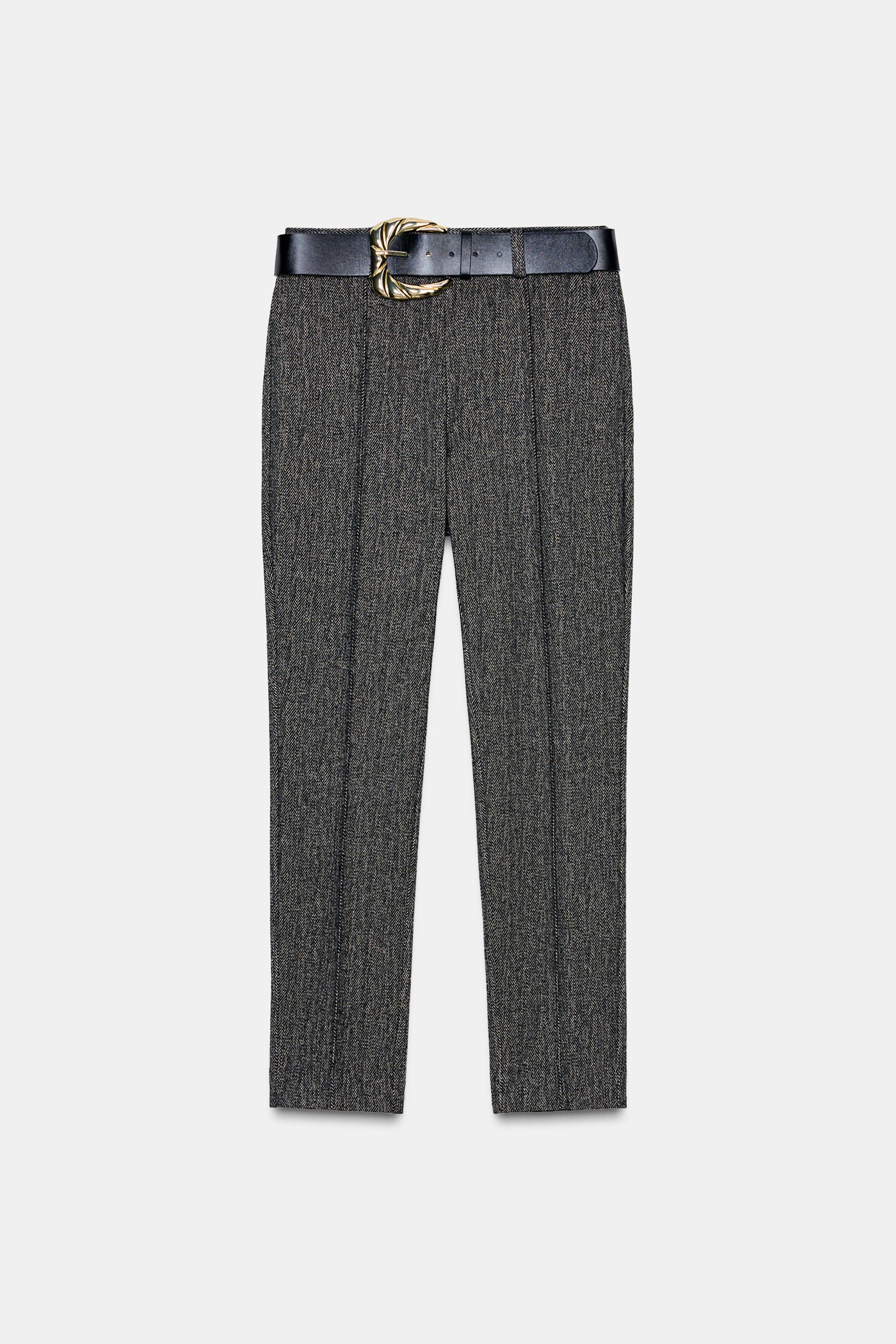 HERRINGBONE BELTED PANTS